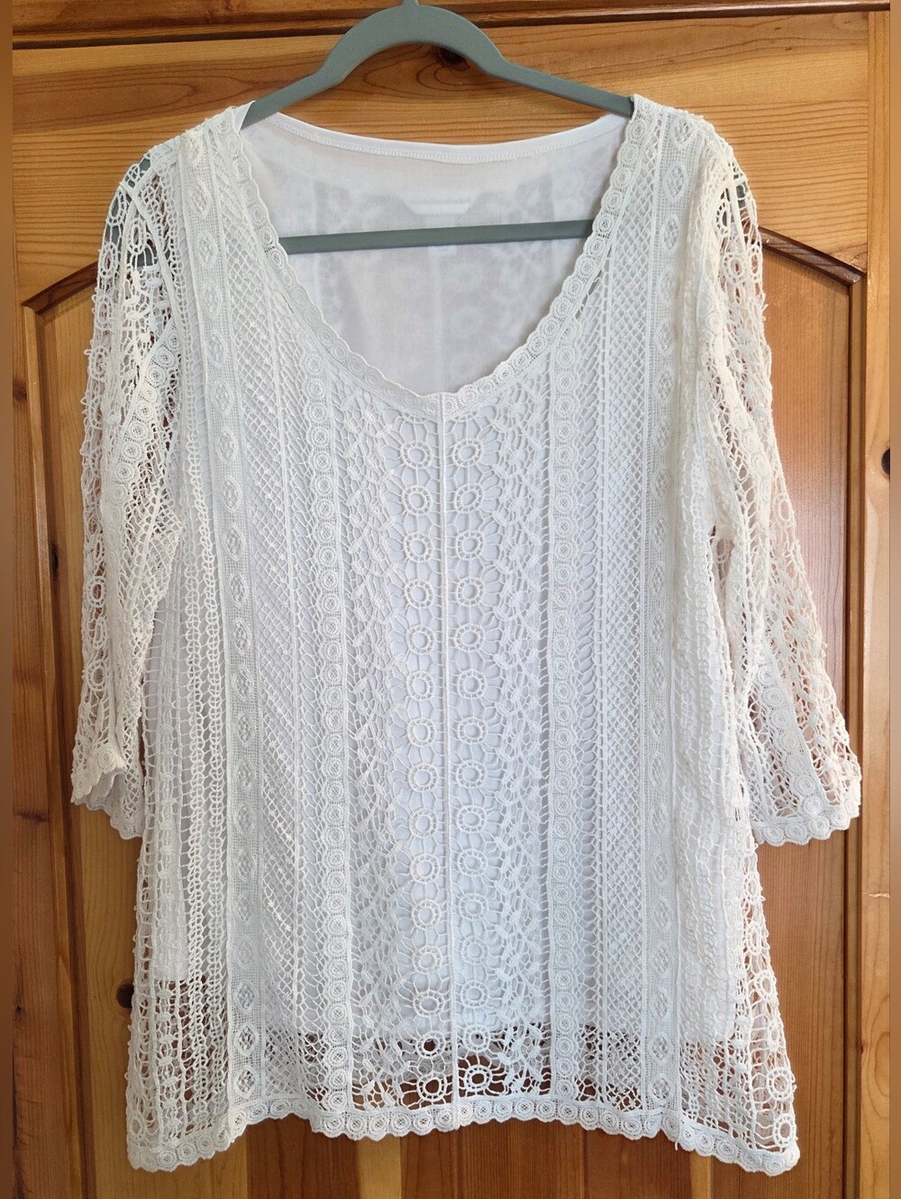 Women’s Christopher & Banks White Crochet Lace 3/4 Sleeve Lined Blouse Tunic L